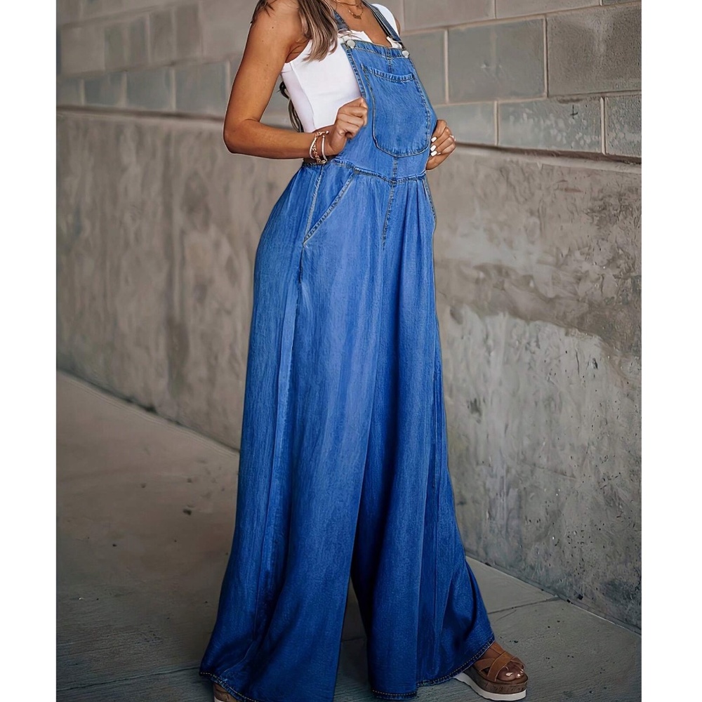 Dark Wash Pockets Wide leg Jean Denim overalls